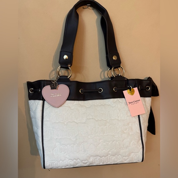 Juicy Couture Cream Quilted Shoulder Tote with Brown Trim & Pink Script - Picture 5 of 11